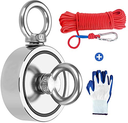 Magnetfischen, Angelmagnet mit 20m Seil und einem Paar Handschuhen - 420kg Magnetzugkraft - Neodym Magnet extra stark zum Magnetfischen - Starker Ösenmagnet Ø 75mm