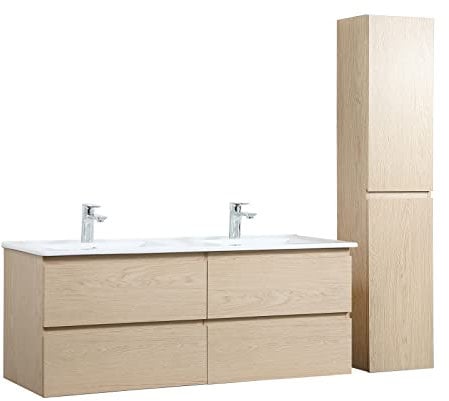 Meuble de Salle de Bain Double Vasque 120 cm + Colonne Chêne Sorrento