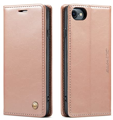 QLTYPRI Hülle für iPhone SE 2022 5G/SE 2020/8/7, Vintage Dünne Handyhülle mit Kartenfach Geld Slot Ständer PU Ledertasche Flip Schutzhülle für iPhone 7/8/SE 2/SE 3 - Rosegold