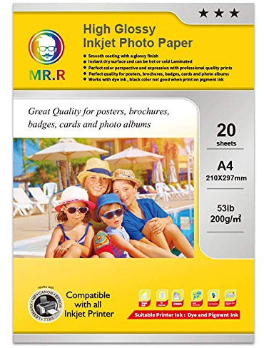 MR.R Single Side High Glossy Inkjet Photo Paper 200gsm,A4 210 x 297mm Pack of 20 Sheets for Epson Canon Brother HP Inkjet Printers