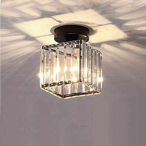 Plafonnier Moderne Lustre Abat-jour en Cristal et Métal LED Suspension Luminaire éclairage E27 Lampe de Plafond carré pour Chambre salon Couloir cuisine salle de bains Salle à Manger, noir