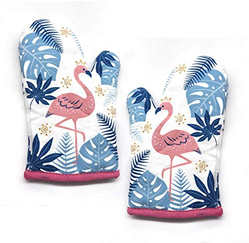 XLKJ 1 Paar Ofenhandschuh Hitzebeständige Topfhandschuhe Flamingo Muster Kochhandschuhe für Kochen, Backen, Grillen