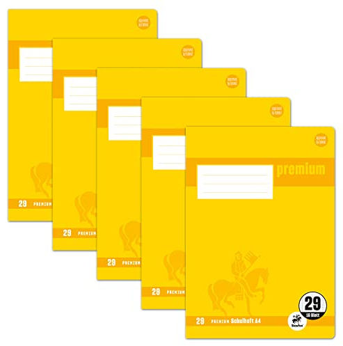 Staufen Premium Schulheft - DIN A4, Lineatur 29 (5x9mm rautiert mit Randlinie), 16 Blatt, 90g/m² Premium Papier, 5 Stück