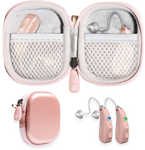 Designed Protective Case for Hearing Aid, Hearing Amplifier, Personal Sound Amplifier, Hearing Device, Listening Device, Strong Mini Case with Mesh pocket(Rose Gold)