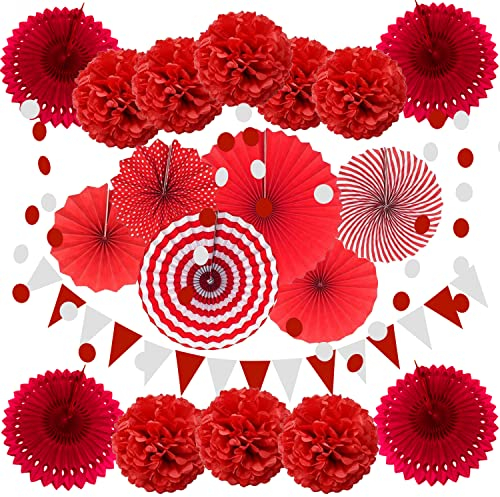 Zerodeco, Confezione da 21 Decorazioni per Feste Rosse, da Appendere, con ventagli di Carta, Pompon Floreali, festoni e bandierine, per Feste di Compleanno, Baby Shower, Matrimoni