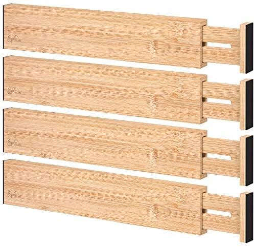 Vinsani Bamboo Drawer Dividers Set of 4 Expandable Drawer Organiser Expandable Adjustable 42-56 cm Spring-Loaded Drawer 2.4in High Separator Partitions for Kitchen Utensils Clothes Tools Home Office