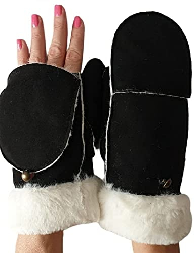 AXELENS Damen Winterhandschuhe Elegant aus Wildlederimitat – Warme Öffnende Fäustlinge mit Fleecefutter und Kunstpelz-Bündchen – Größe S/M_schwarz