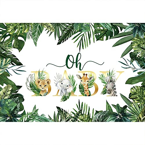 Aoihrraan 3x2,5m Oh Baby Hintergrund Niedlich Wald Tiere Safari Urwald Wild Elefant Giraffe Löwe Zebra Grün Laub Fotografie Baby Shower Neugeborene Schwangerschaft Ankündigen Party Porträt Fotos
