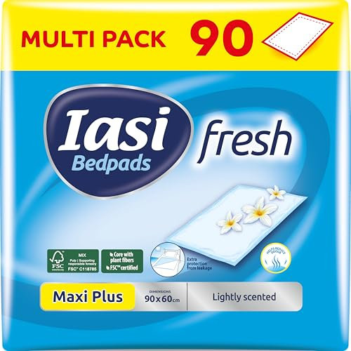 IASI Bedpad Fresh, Einweg-Bettquerträger 60x90, Maxi Plus Saugfähigkeit, Geruchskontrolltechnologie mit zartem Duft, 90 Stück