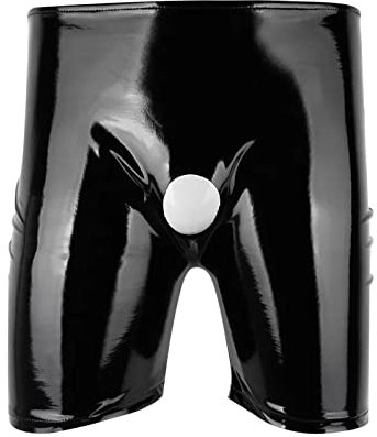 Männer Wetlook Boxershorts mit Showmaster-Öffnung Sexy Unterwäsche Herren Lack Unterhosen Sexy Erotisch Wäsche Reizunterwäsche Latex Lack Optik Männertanga Boxershorts Party Clubwear Schwarz XL
