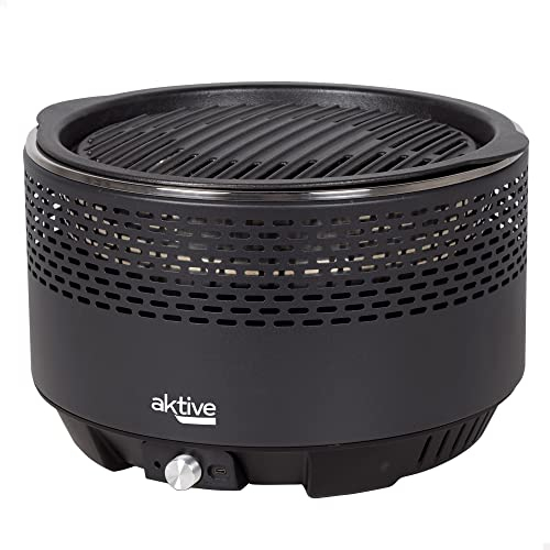 Aktive 63002 - Barbecue portatile a carbonella ricaricabile senza fumo con batterie Nero, Antigoccia, Misure Ø34x22cm, Include borsa di trasporto, Cuoce all'interno, Grill