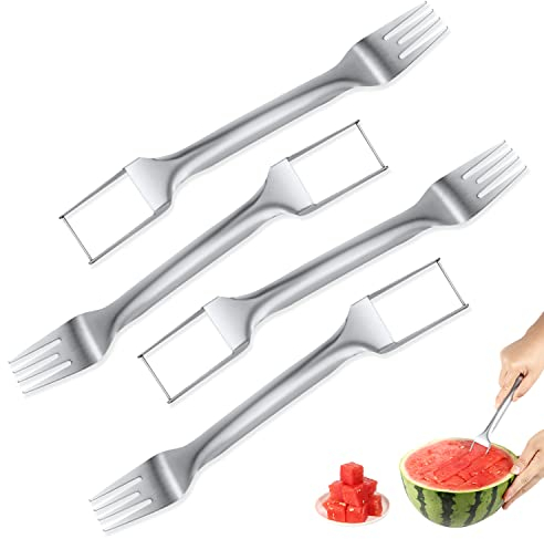 LUTER 4uds Tenedor para Sandía, Cortador de Tenedor de Sandía 2 en 1 Herramienta Rebanadora de Sandía Cortador de Tenedor de Fruta de Acero Inoxidable para Fiesta Camping Forma de Fruta