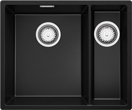 PRIMAGRAN Fregadero Cocina Negro 56x47cm, Granito 1,5 Senos + Sifón, Sobre encimera al mueble 60cm - London Slim Duo