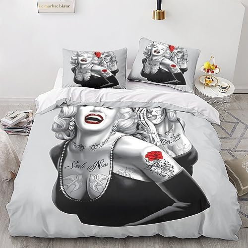 Marilyn Monroe Art Mädchen Junge Kinder Bettwäschegarnitur 3D Gedruckter Bettbezug Set Und Kissenbezüge Reissverschluss Weich Microfaser Bettwäsche 3 Teilig Double(200x200cm)