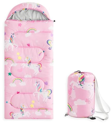 Wake In Cloud - Kids Sleeping Bag for Girls Toddlers, Camping in Warm Cold Weather, Backpacking Lightweight Compact Outdoor Liner for 3 Seasons, Unicorns Rainbow Clouds, Pink