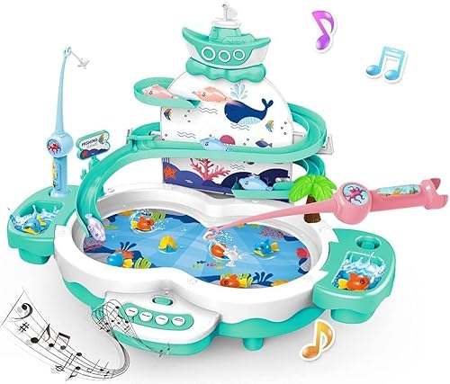 Musikspielzeug Angelset Angelspiel mit Musik und 10 Fische, Rennbahn Spielzeug Doppelschleifenbahn Rutsche, Fische Angeln Spiel, Angelspiel Wasser, Kinderspielzeug Pädagogisches Spielzeug ab 3+