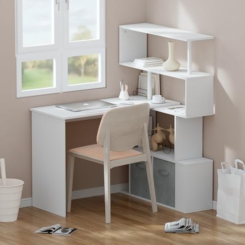 JoliJour Bureau en L Avec Rangement, d'Angle en Bois, d'Ordinateur Avec Étagère à Quatre Niveaux, Forme L ou Droit, Informatique Blanc