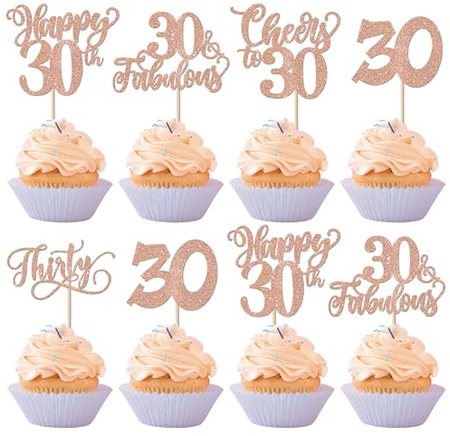 SYKYCTCY 30 Pack 30th Birthday Cupcake Toppers Glitter Thirty Fabulous 30 Cheers to 30 Cupcake Picks Happy 30th Birthday Cupcake Decorations Anniversary Party Supplies Rose Gold