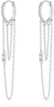 Kamise Silver Small Hoop Earrings, 925 Sterling Silver Huggie Hoops with Hypoallergenic Chains, White Gold Dangle Earrings with Zirconia