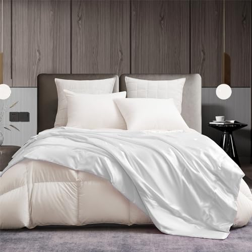 Gezu Kuscheldecke Wohndecke Satin Decke 220x240 Weiß Sofadecke Kühlende Seidige Seide Sommerdecke Leicht Weich Luxus Glänzend Tagesdecke für Bett Sofa Couch Schlafzimmer Büro Reisen
