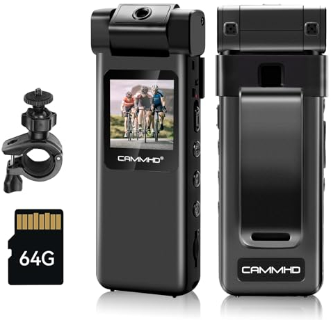 CAMMHD V1-64G Body Cam mit 180° drehbarem Objektiv, HD 1080P Bodycam mit Rückclip, Bewegungserkennung und 1,3-Zoll-Farbbildschirm, tragbarer Körperkamera für Outdoor-Sport/Radfahren/Polizei