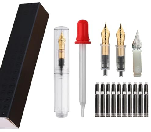 SIPLIV Majohn Wancai Mini Fountain Pen Pocket-Size Travel Pen Iridium Fine Nib Fountain Pen with 3 Pen Nibs, Short Size Eyedropper and 20 Black Ink Cartridges - Transparent