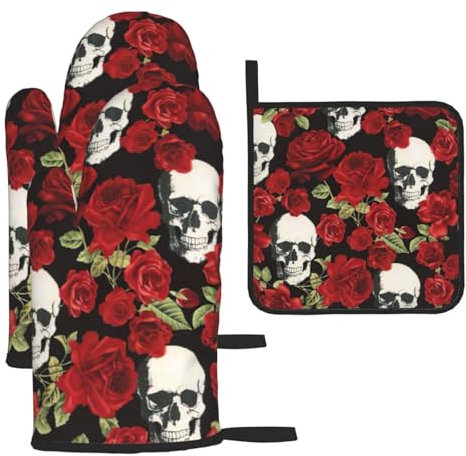 Juego de utensilios esenciales de cocina con estampado de calavera de rosa, manoplas de horno, juegos de soportes para ollas, vacaciones de primavera/verano, barbacoa
