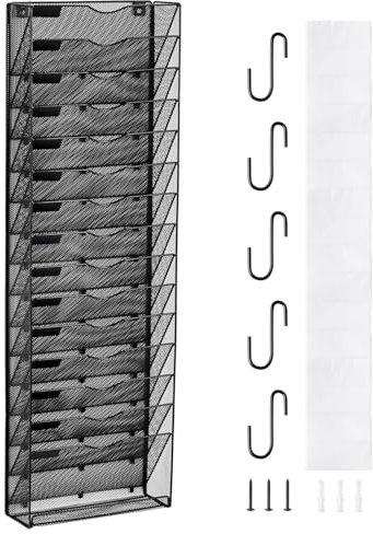 VEVOR Organizer da parete da appendere, 16 ripiani, verticale da parete, in metallo, per riviste, posta, documenti, con etichetta per etichetta, vassoio piatto inferiore, per ufficio, casa e scuola