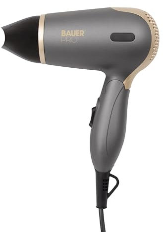 Bauer Professional 39819 TourmaPro Travel Hair Dryer Set/Folding Handle, Carry Case, Hairbrush & Comb / 2 Heat & Speed Settings/Dual Voltage/Grey & Gold