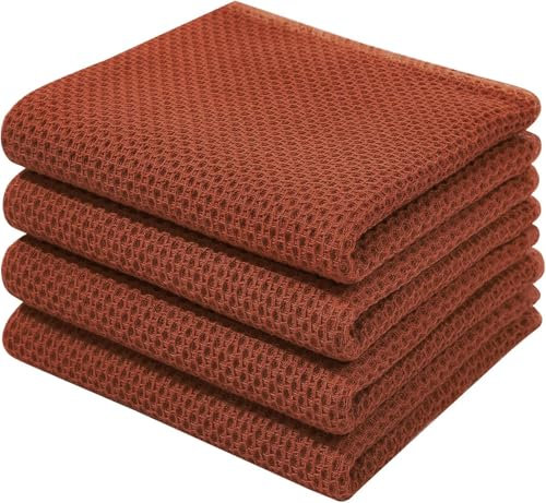 Moosfor 100% Cotton Tea Towels, Highly Absorbent Soft Dish Cloths, Quick Drying Kitchen Cloths for Washing Up, Pack of 4, 32 x 71 cm, Brick Red