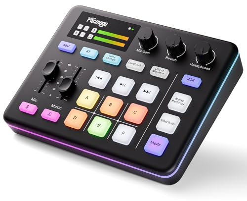 Facmogu G9 Gaming Audio Mixer, Audio Interface mit 3.5mm/XLR Mic In, RGB, Bluetooth, 48V Phantom Power, Voice Changer, Live Sound Card Board für Live Streaming, Podcast, Gaming - nicht für USB Mic