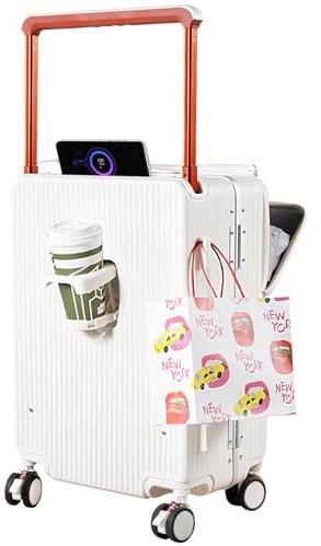 HUIDA TECH Handgepäckkoffer 20 Zoll mit Laptopfach, PC Hartschale mit Aluminiumrahmen und TSA-Schloss, Kabinengepäck mit Spinnrollen, USB-Aufladung, Getränkehalter, Erweiterbares Gepäck, Weiß