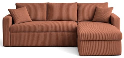 Bestmobilier Cyrus - Ecksofa beidseitig montierbar 4-Sitzer - schlaffunktion und Bettkasten - aus Cordstoff Terrakotta