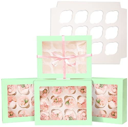 Gcardist Auto-pop Up 12 Cupcake Boxes with Window Licht Grün 6 Packs Cupcake Box 33x25.4x9cm Bakery Boxes For Cupcakes Carrier, Cupcake Containers(13×10×3.5 inch)