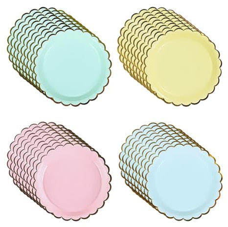 FSSTUD Lot de 24 assiettes en carton festonnées pastel de 17,8 cm - Bords dorés - Assiettes de mariage rondes colorées - Assiettes décoratives pour pique-nique, fête d'anniversaire, fête prénatale