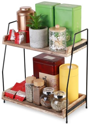 Coffee Station Organizer, Kitchen Counter Shelf Organiser, 2 Tier Wooden Coffee Bar Accessories, Countertop Shelf, Standing Tea and Coffee Condiment Storage for Office Kitchen Home Accessories