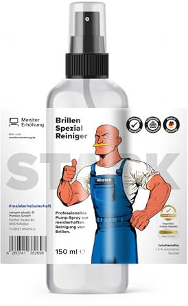 Brillen Spezialreiniger Spray - Brillengläser Reiniger für glasklaren Durchblick - Streifenfreier Brillen Reiniger für alle Glastypen - Premium Reinigungsspray Brille (150ml)