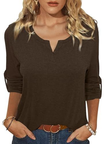 Terecey Womens 3/4 Length Sleeve Shirts Tops V-Neck T-Shirts Basic Blouses Slim Fitted Cotton Knit Blouse Ladies Casual Tunic T Shirts Brown M