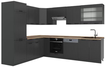Vicco Eckküche Fame-Line, Dunkelgrau/Anthrazit, 287 x 227 cm | 14 Module · Höhenverstellbare Füße · Arbeitsplatte Eiche · MDF-Fronten · Softclose · Metallgriffe