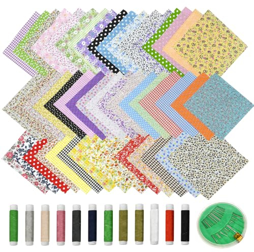 50 Stk Stoffreste zum Nähen 20x20cm Bunte Stoffpakete mit Nähgarn Nadeln | Stoff Baumwolle Patchwork Stoffpaket Stoff zum Basteln Kinderstoffe Patchwork Stoffe für DIY Artcraft Handwerk