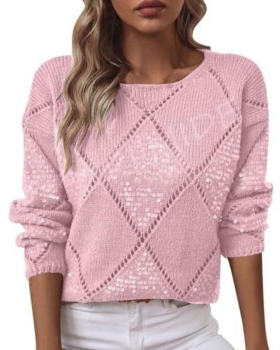 ZPLMIDE Maglione da donna all'uncinetto, elegante, casual, traforato, glitterato, leggero, comodo, con paillettes, abbigliamento autunnale