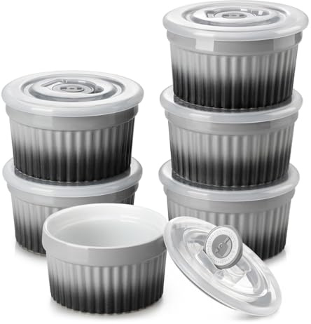 vancasso RAMEKINS 200ml Soufflé Förmchen Set von 6, Ø9,5cm Creme Brulee Schälchen Backofen sicher, Porzellan Soufflés mit Deckel, Kleine Keramik-Schalen, Mini Auflaufformen zum Backen, Grau