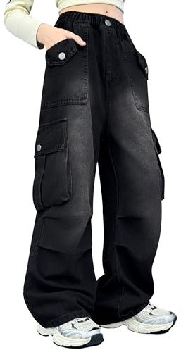 Rolanko Baggy Cargo Jeans für Mädchen, Elastische Hose mit Hoher Taille und Weitem Bein Y2K Jeanshose mit Mehreren Taschen