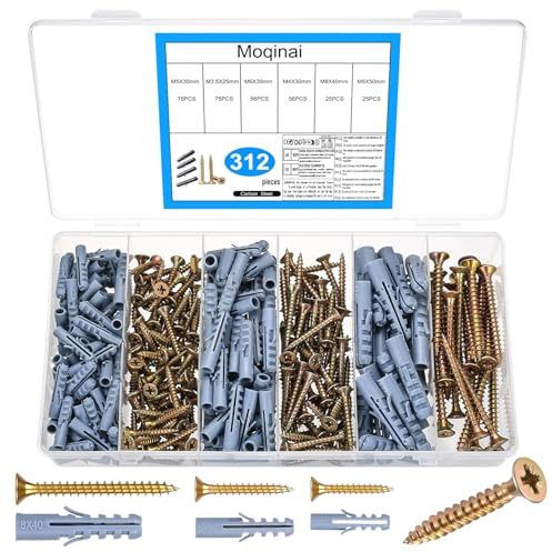 Moqinai 312 Stück Dübel Schrauben Set, Gipskarton Schrauben Dübel Set, Selbstbohrende Holzschrauben Dübelset, Wanddübel und Schraubenset, Betonschrauben Gipskartondübel für Beton Ziegel Trockenbau