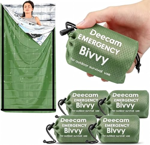 Deecam Nödsovsäck,Bivacksäck för nödfall,överlevnadsutrustning, köldskydd överlevnadssäck för vandring, resor, utomhusaktiviteter och backpacking (4-pack, grön)