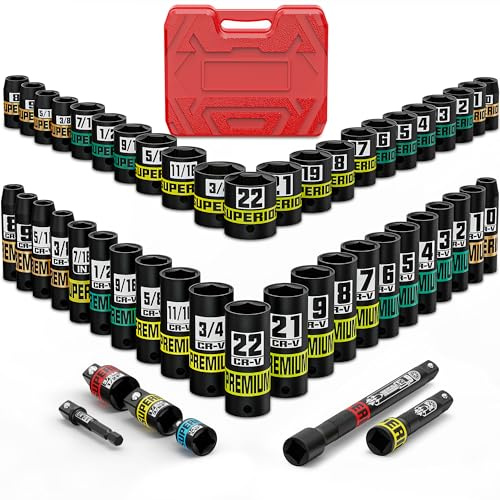 Aurlloct Set di Chiavi a Bussola Esagonali da 3/8, 50 Pezzi, SAE (5/16-3/4) e Metriche (8-22 mm), Bussole a Percussione Lunghe e Corte, per Riparazione Autoveicoli Riparazioni Meccaniche