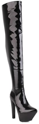 WOkismD Stivali alti da donna con plateau e cerniera laterale, altezza fino al ginocchio, altezza sopra il ginocchio, tacco grosso, 15 cm, Nero , 38 EU