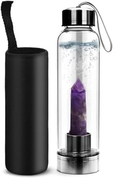 VLNET | Natural Crystal Water Bottle | Glass Bottle with Removable Crystal | Lithotherapy - Hydrotherapy | 500ml | With Black Bottle Holder (Amethyst)