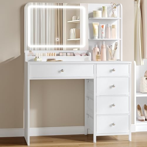 Hzuaneri Dressing Table with LED Lighting, Vanity Desk with Mirror, 5 Drawers, 2 Storage Shelves, Adjustable Brightness, Makeup Vanity Table for Bedroom White DT43903XUK