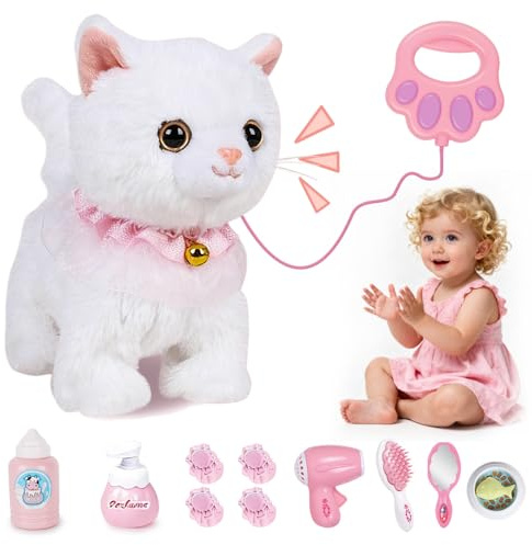 Nzkeuf Jouet Électronique en Peluche, Chat Interactif Qui Marche et Miaule